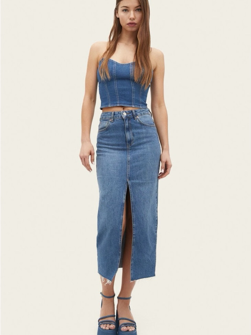 stradivarius Blue Denim High-Waist Midi Skirt with Front Slit
